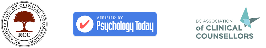 Logos of three organizations: RCQ, Psychology Today verified badge, and BC Association of Clinical Counsellors.