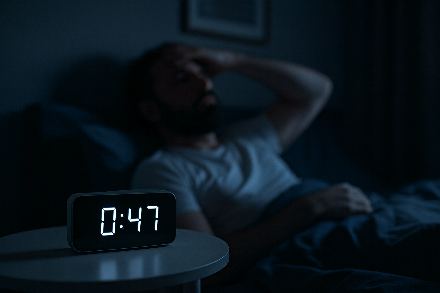 A man lies in bed at night awake and unable to sleep