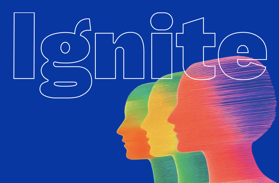 Ignite: three colorful profiles on a blue background