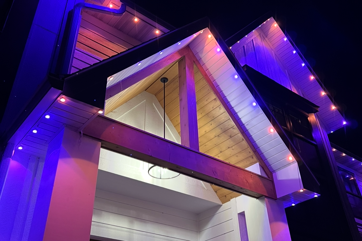 Permanent roofline LED install on a home with full soffit edge coverage