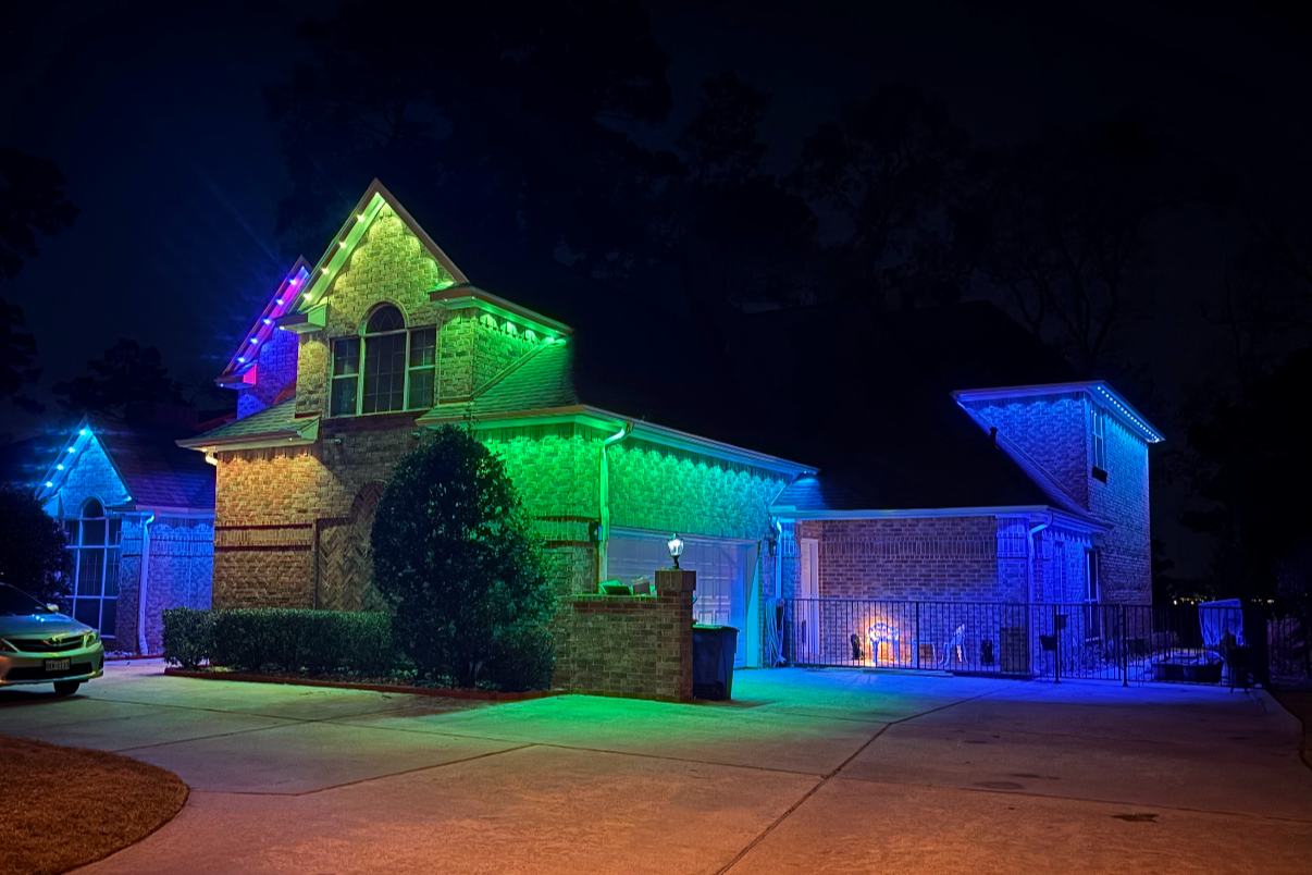 Peak Lighting USA permanent install on a Trophy Club Texas home with full roofline LED coverage