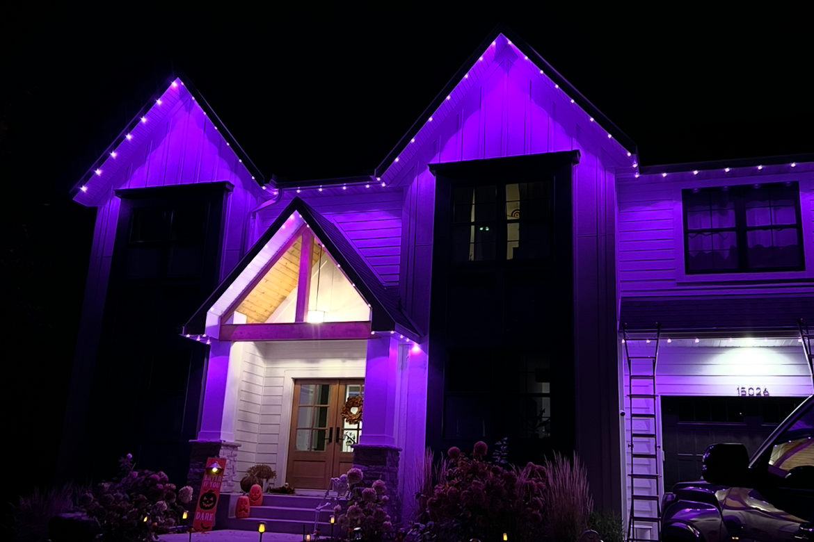 Professional permanent LED lighting install on a Seattle Washington home with full roofline holiday coverage