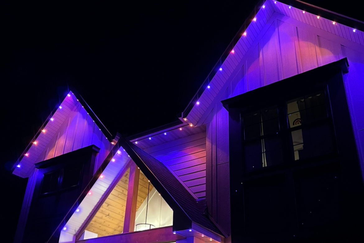 App-controlled roofline LEDs on a Minneapolis Minnesota home set to Halloween seasonal display