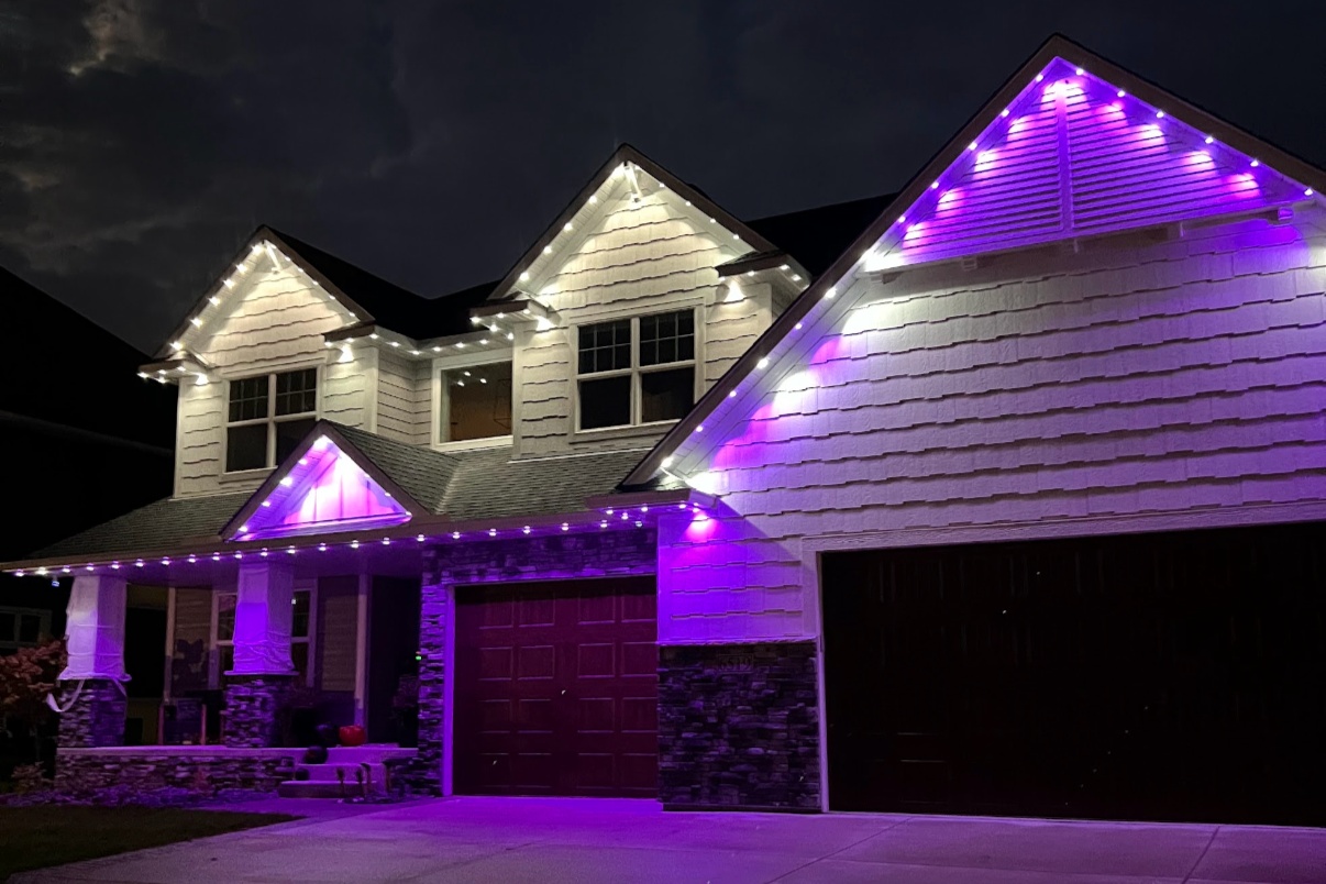 Professional permanent lighting on a Bozeman home with full perimeter soffit coverage