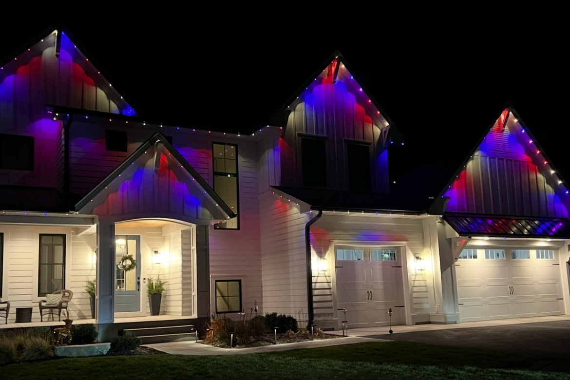 Holiday lighting on a Bozeman Montana home with synchronized full roofline LED display