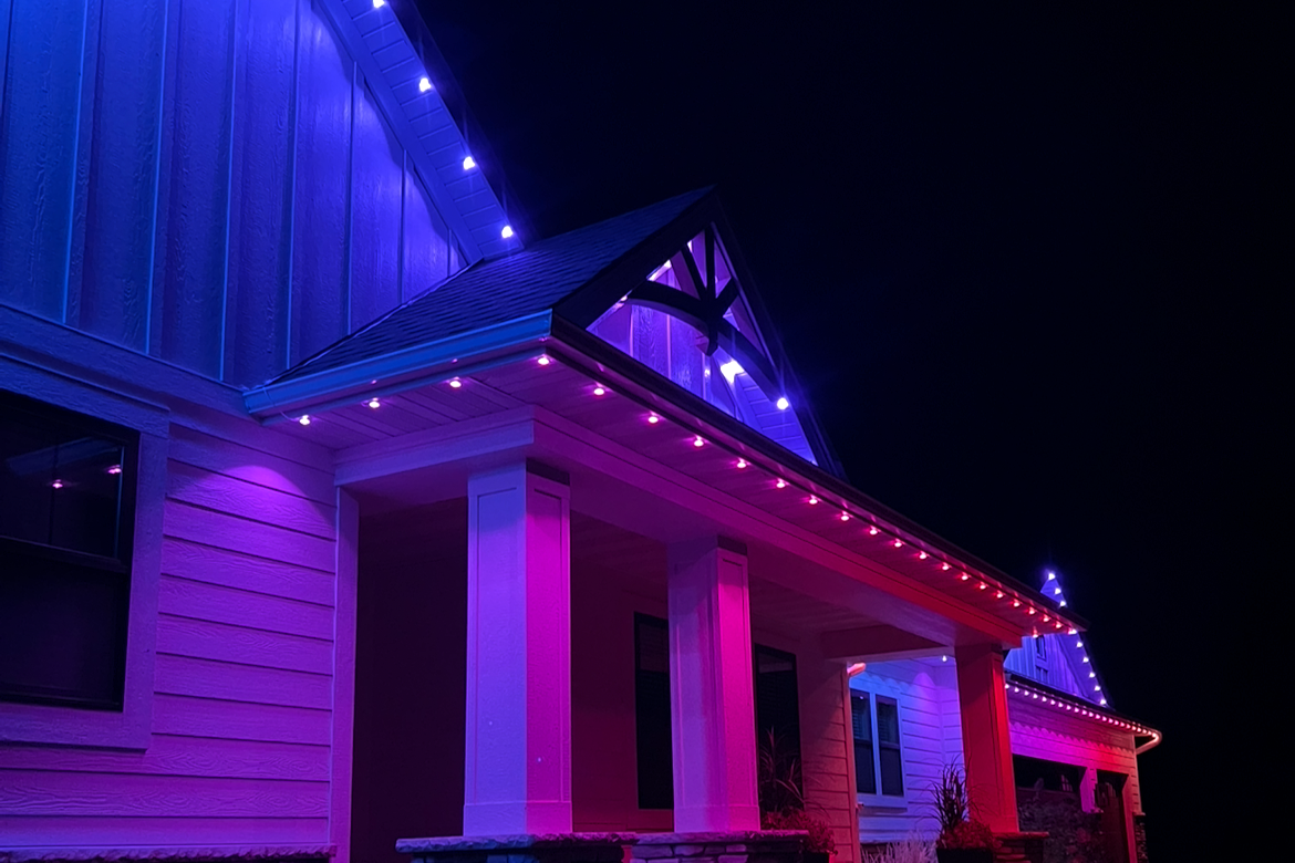 Permanent outdoor LED lights on a Round Rock Texas home with year-round roofline display