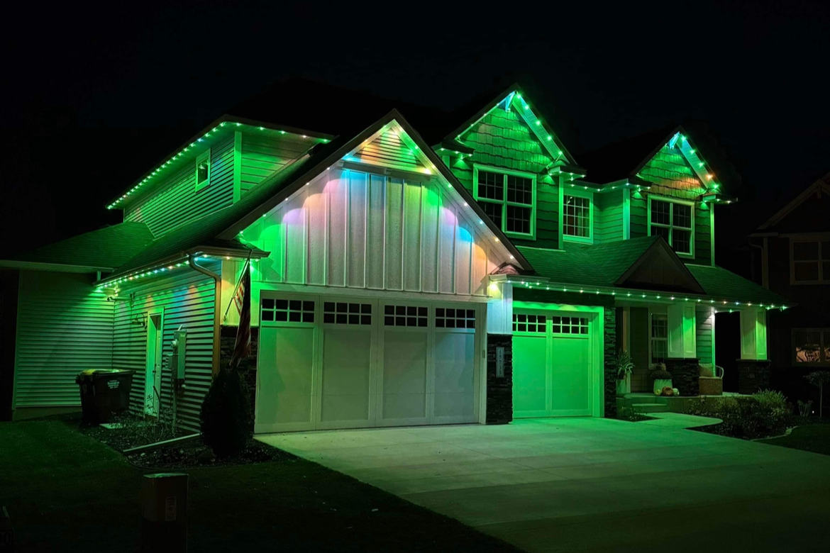 App-controlled LEDs on a Seattle Washington home cycling through holiday seasonal display