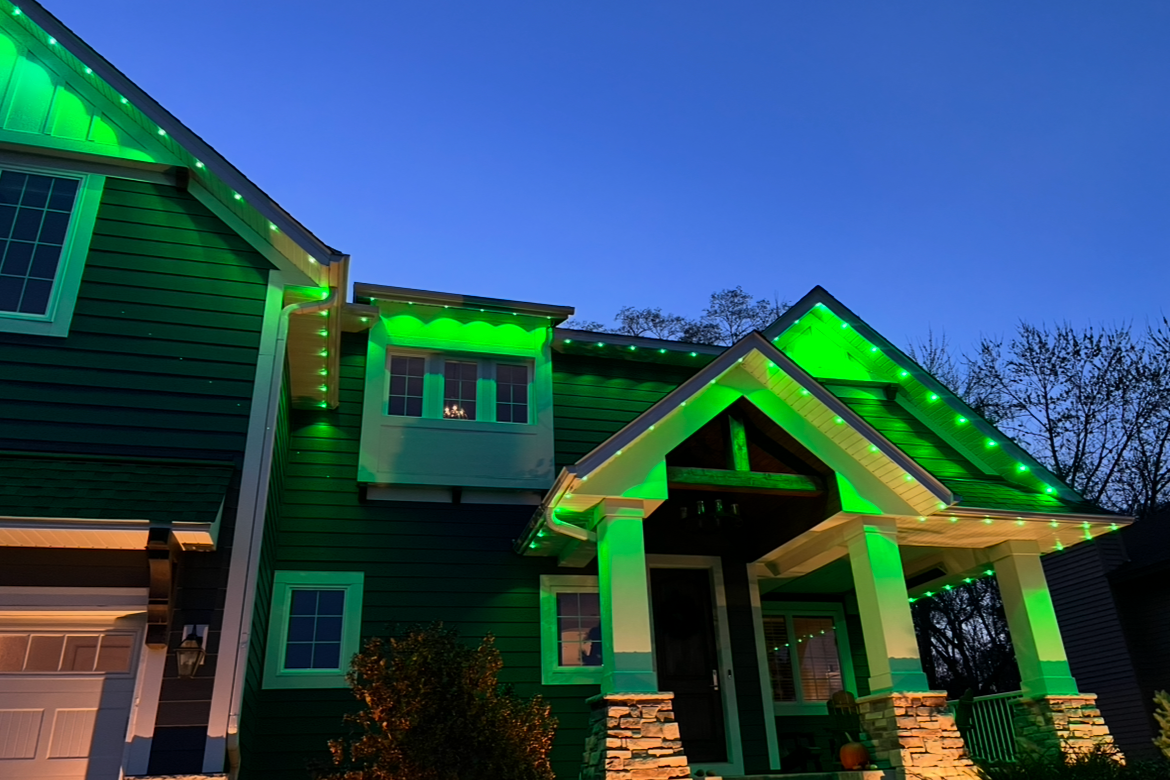 Professional LED lighting on a Kansas City Missouri home with full roofline holiday season installation