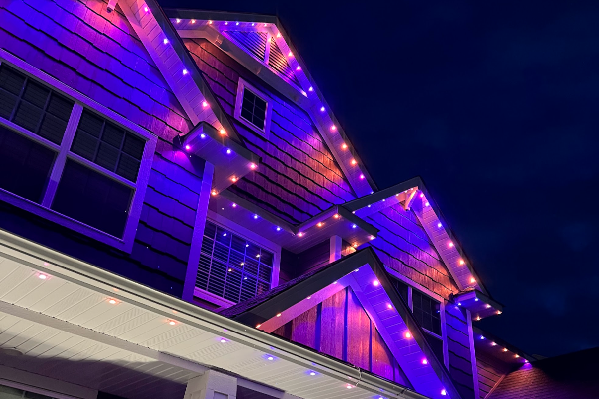 Holiday lighting installation on a Kansas City Missouri home with full perimeter LED coverage