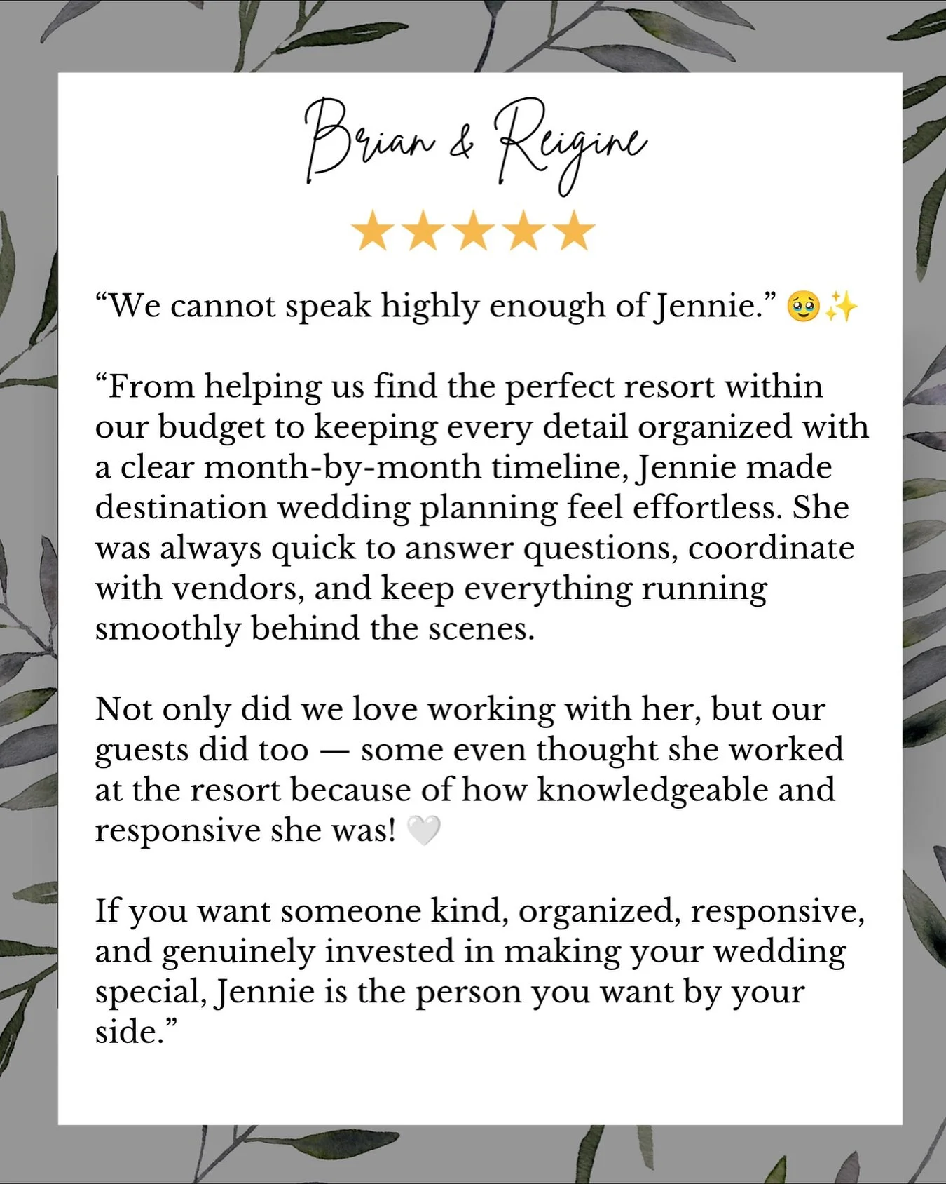 Reading reviews like this never gets old 🥹🤍

Planning a destination wedding is so much more than booking a resort. It&rsquo;s timelines, vendor communication across different countries, answering a million questions, and making sure my couples actu