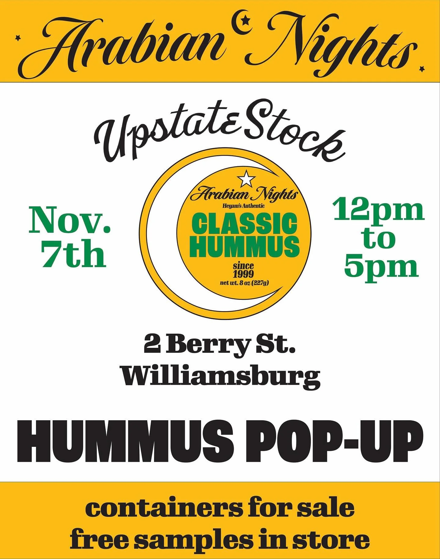 Come join us with our friends at @upstatestock.bk in Williamsburg this Friday! We&rsquo;ll be giving free samples all afternoon long right next to McCarren Park. Grab a coffee and enjoy some hand-made, authentic, oil-free hummus with us 😋

#hummus #