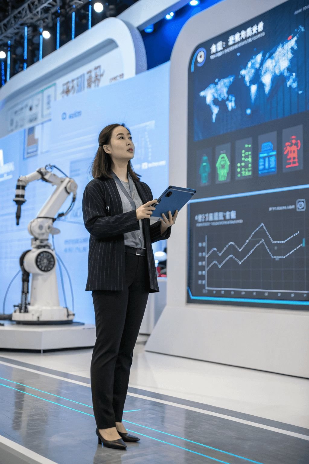 A woman in business attire holding a tablet stands in front of large digital screens displaying world maps, charts, and data. A robotic arm is visible on her left.