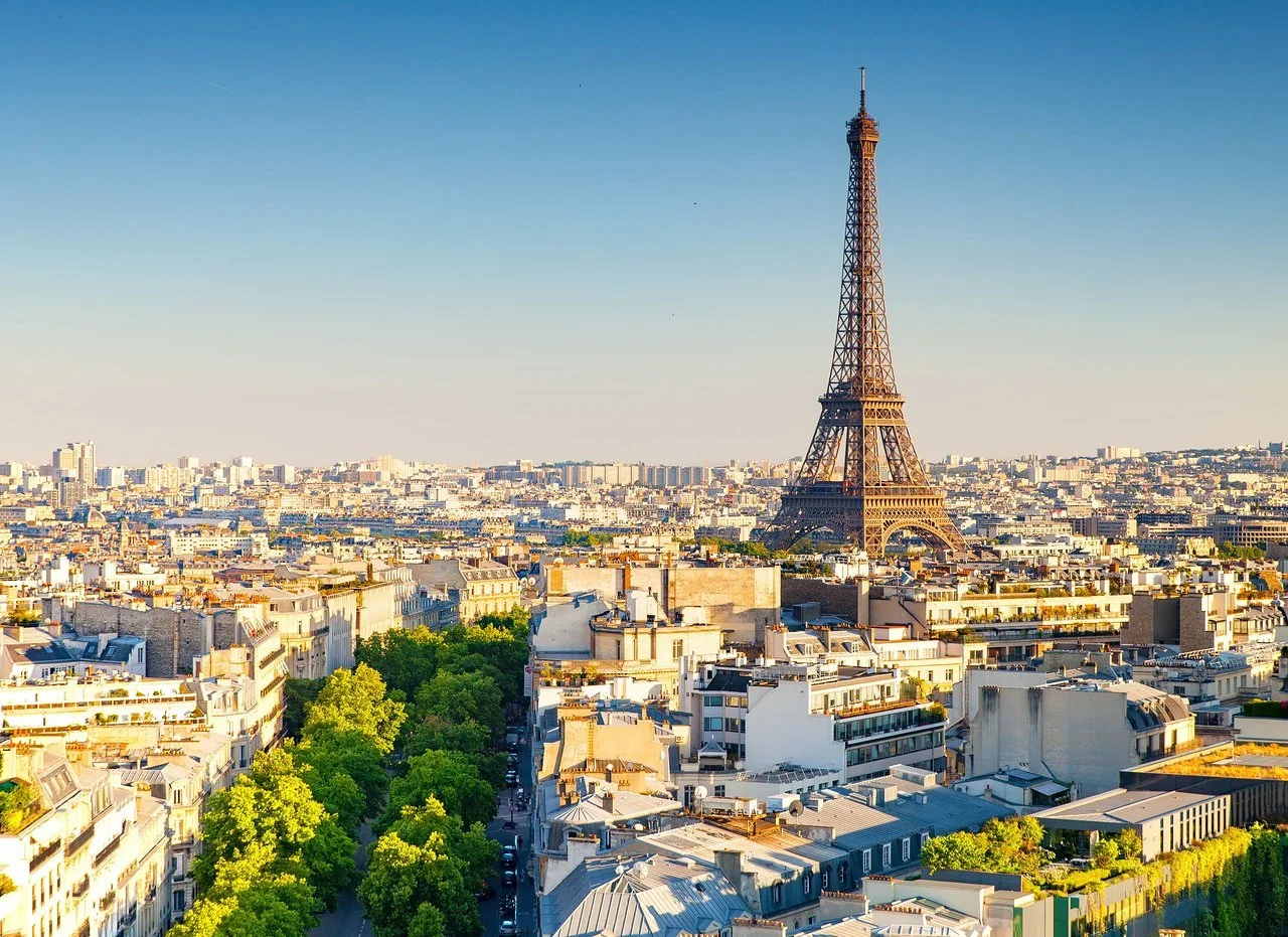 Paris cityscape with Eiffel Tower in the background, clear blue sky, and trees lining the streets in the foreground. Learning Expedition