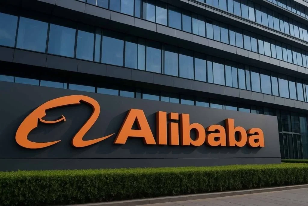 Exterior of an Alibaba office building with the company's logo in orange letters and an abstract arrow symbol on a dark background, with a modern glass facade in the background.