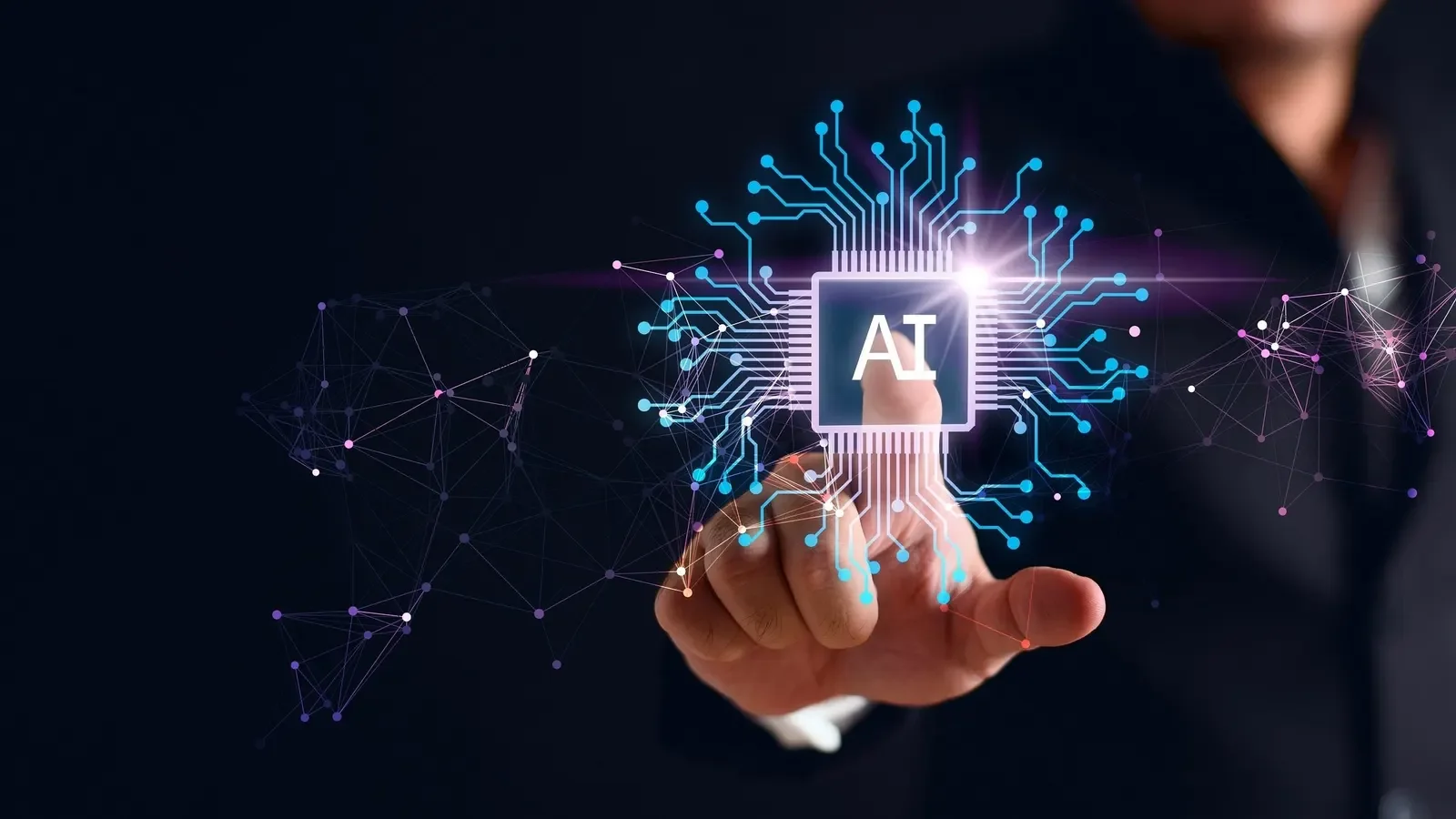 A businessman touches a glowing digital "AI" chip icon surrounded by circuit patterns and network connections, representing artificial intelligence