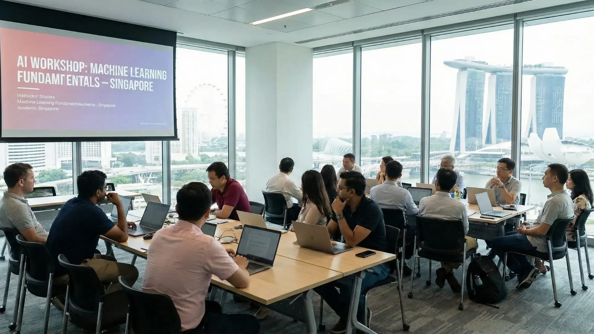 Executives attend an AI and machine learning workshop in a Singapore conference room overlooking Marina Bay Sands