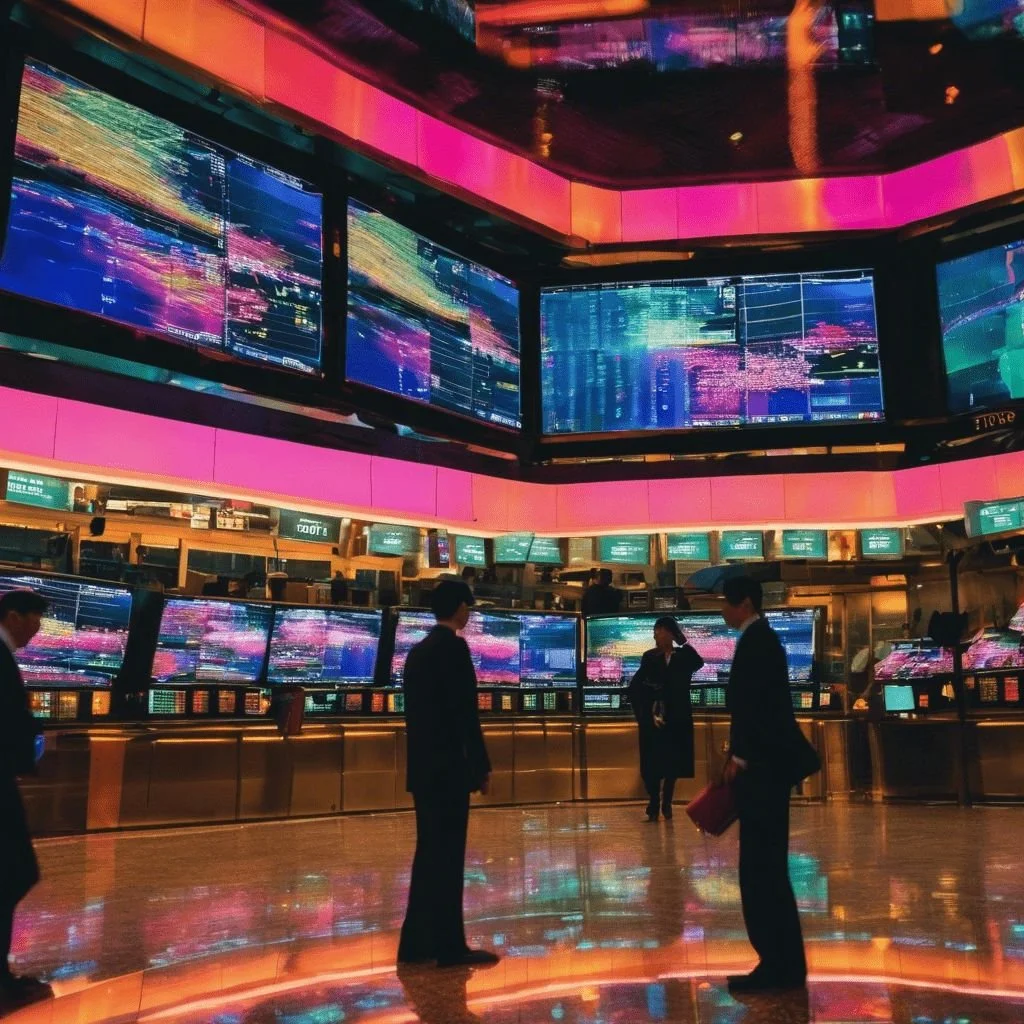 Stock exchange trading floor with multiple large digital monitors displaying colorful graphs and data, people in business attire walking and discussing.