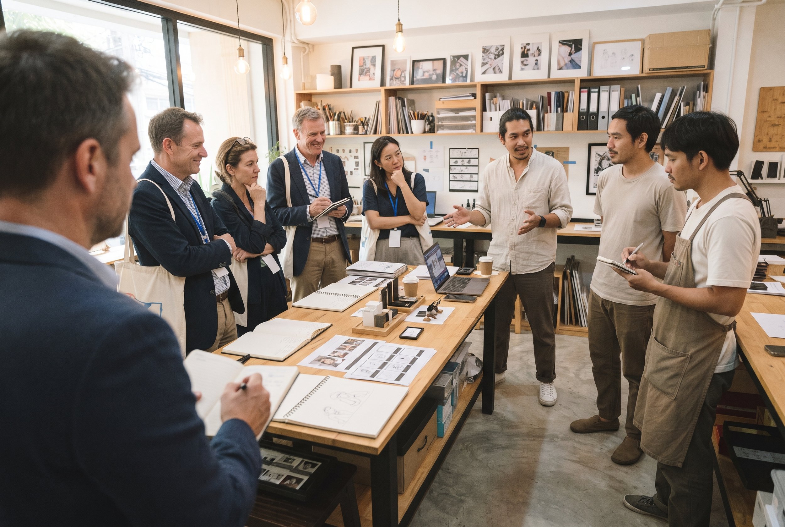 International executives on a Thailand study tour meeting creators in a design studio during a learning expedition