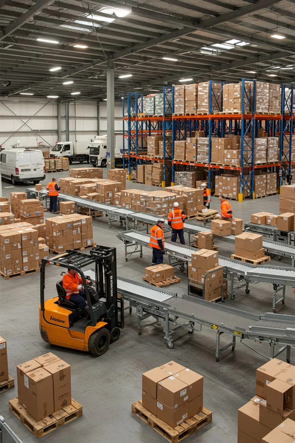 Inside a large warehouse with workers in orange safety vests handling boxes, a forklift, conveyor belts, and shelves stocked with packed boxes.