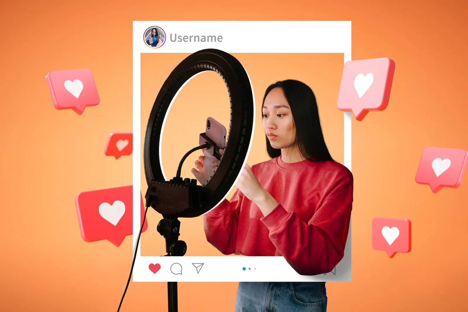 Content creator filming with a smartphone and ring light inside a social media post frame surrounded by like icons