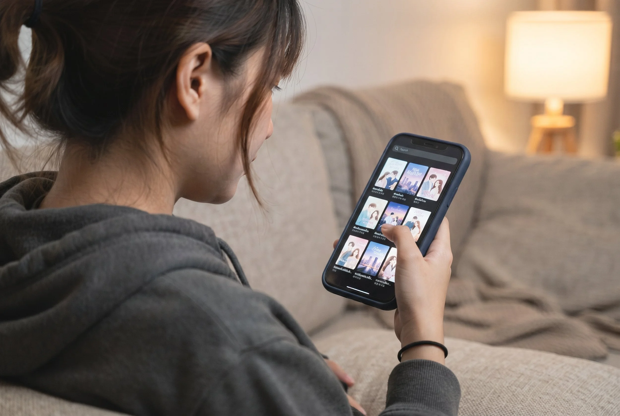 Woman reading Thai and Korean digital novels and webcomics on a smartphone app while sitting on a sofa