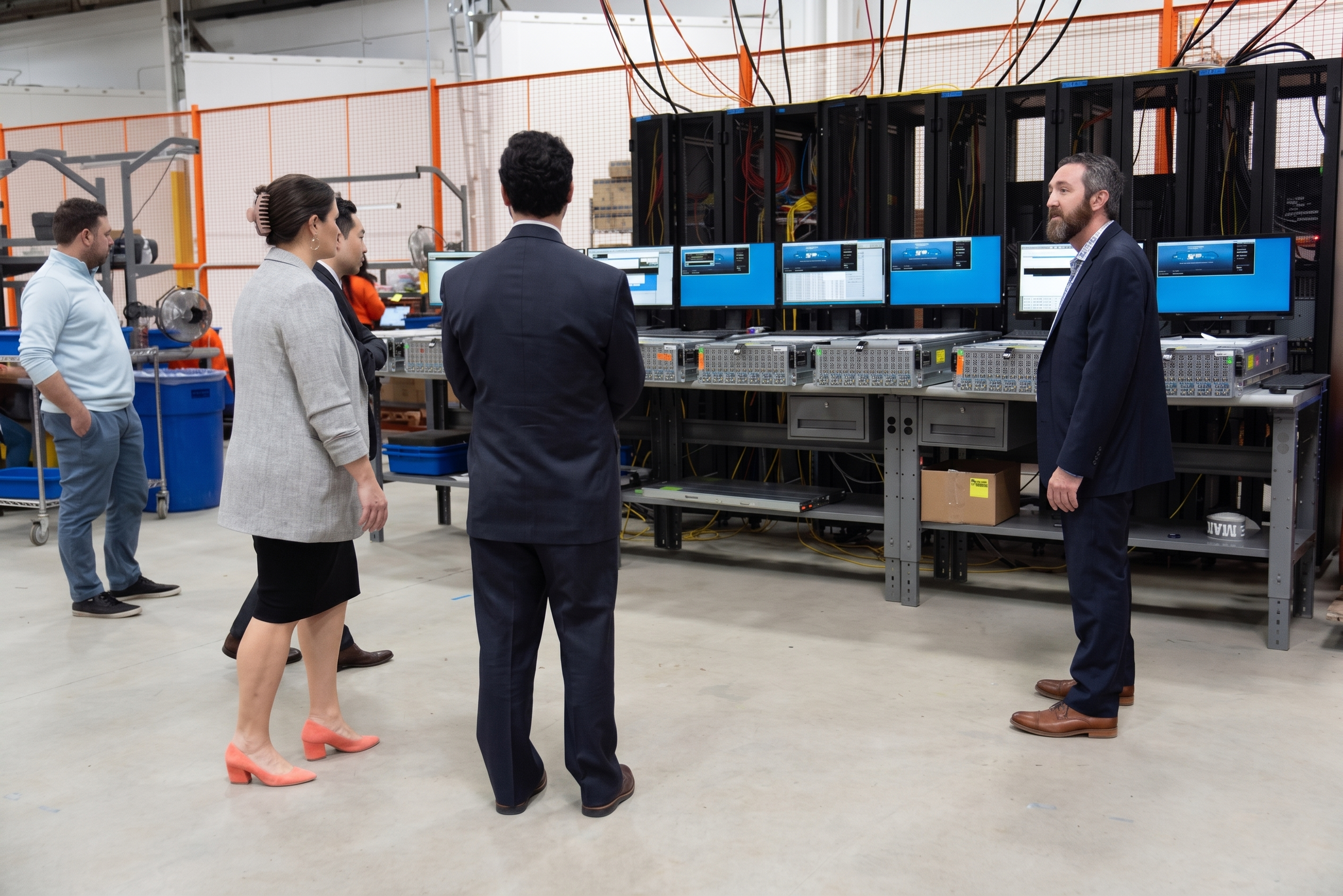 Business leaders touring a technology facility and observing advanced computing infrastructure, highlighting the value of firsthand exposure to innovation ecosystems.