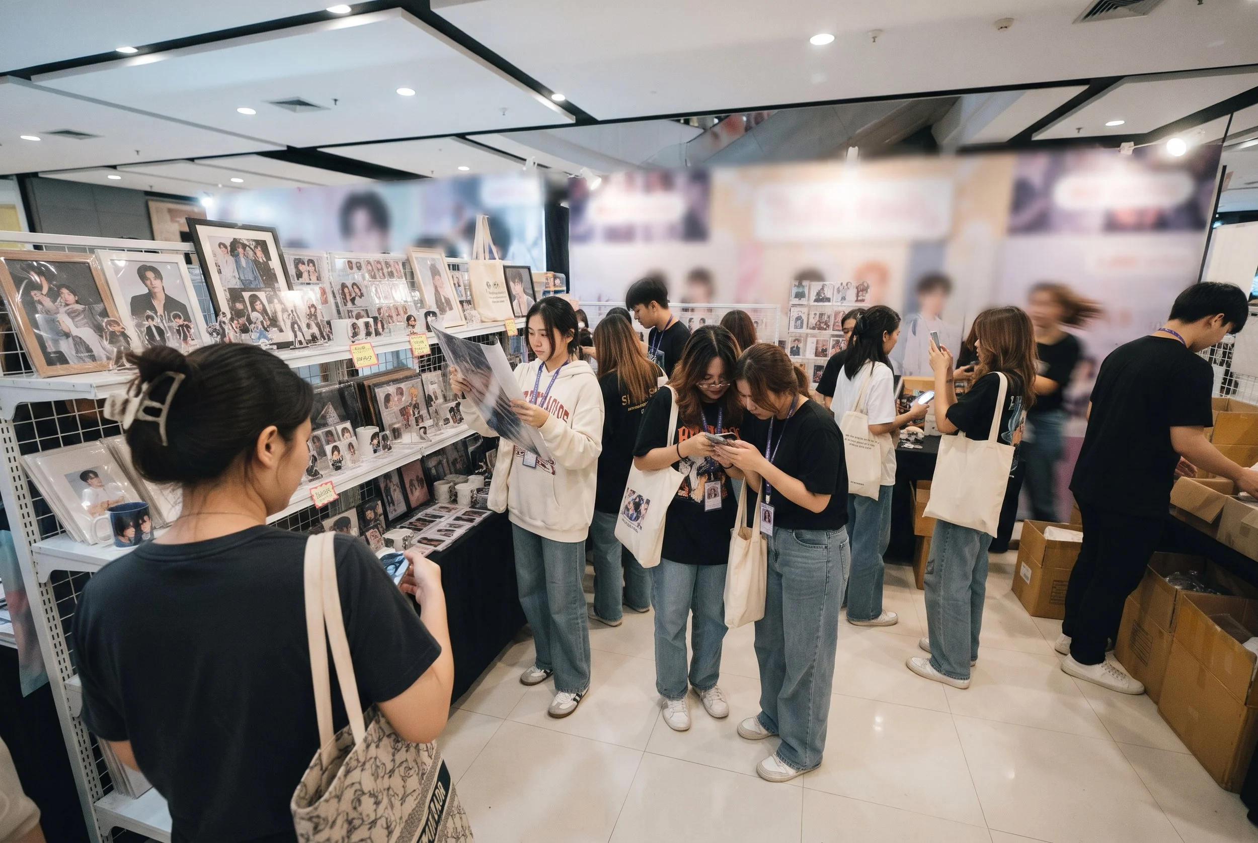 Fans browsing merchandise at a Thailand fan event booth, with framed photos, mugs, photo cards and tote bags