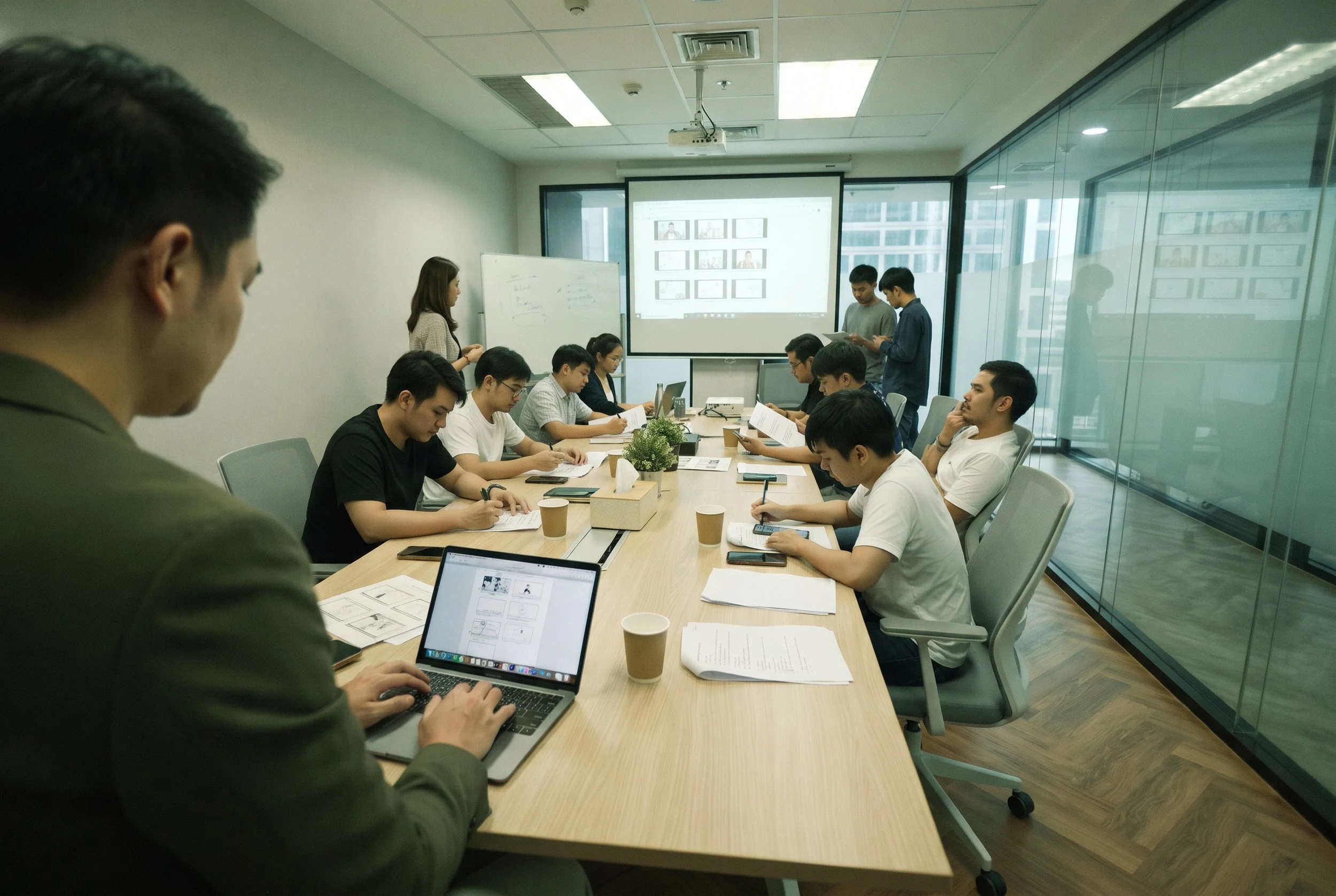 Content production team reviewing storyboards and printed documents in a meeting room with a presentation screen and whiteboard