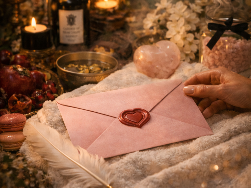 A pink envelope sealed with wax and a heart stamp, held by a person's hand, with a cozy, romantic setting featuring candles, flowers, rocks, macarons, and a feather quill in the background.