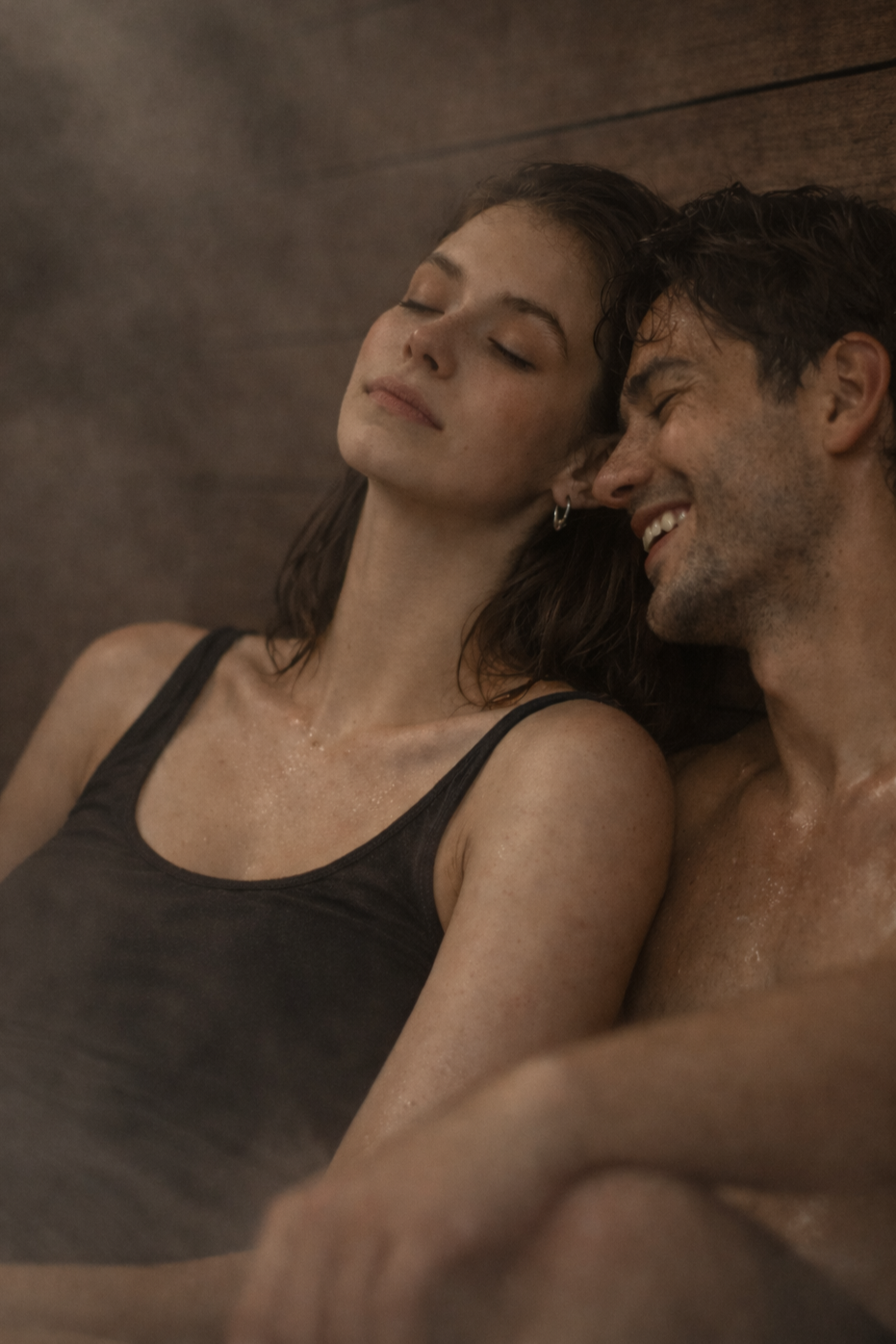 A young woman and man relaxing closely together, both appearing relaxed and happy in a warm, sauna.