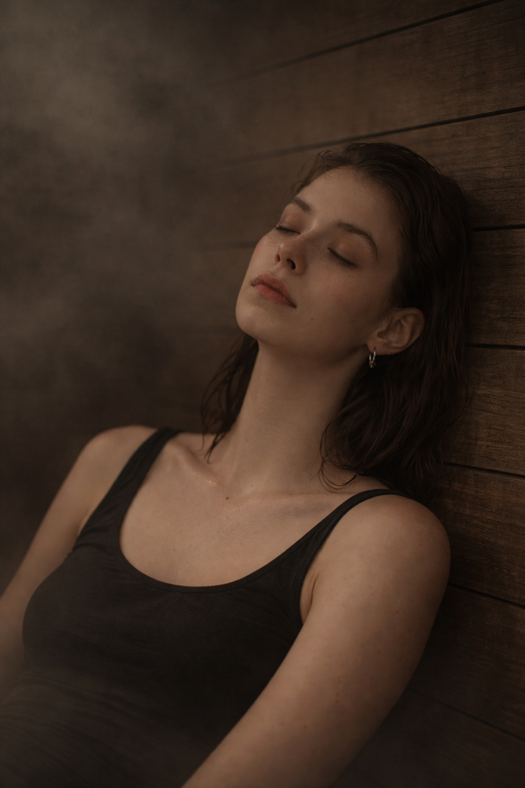 A young woman with dark hair and earrings, resting with eyes closed against a wooden wall, wearing a black tank top, with a calm expression.