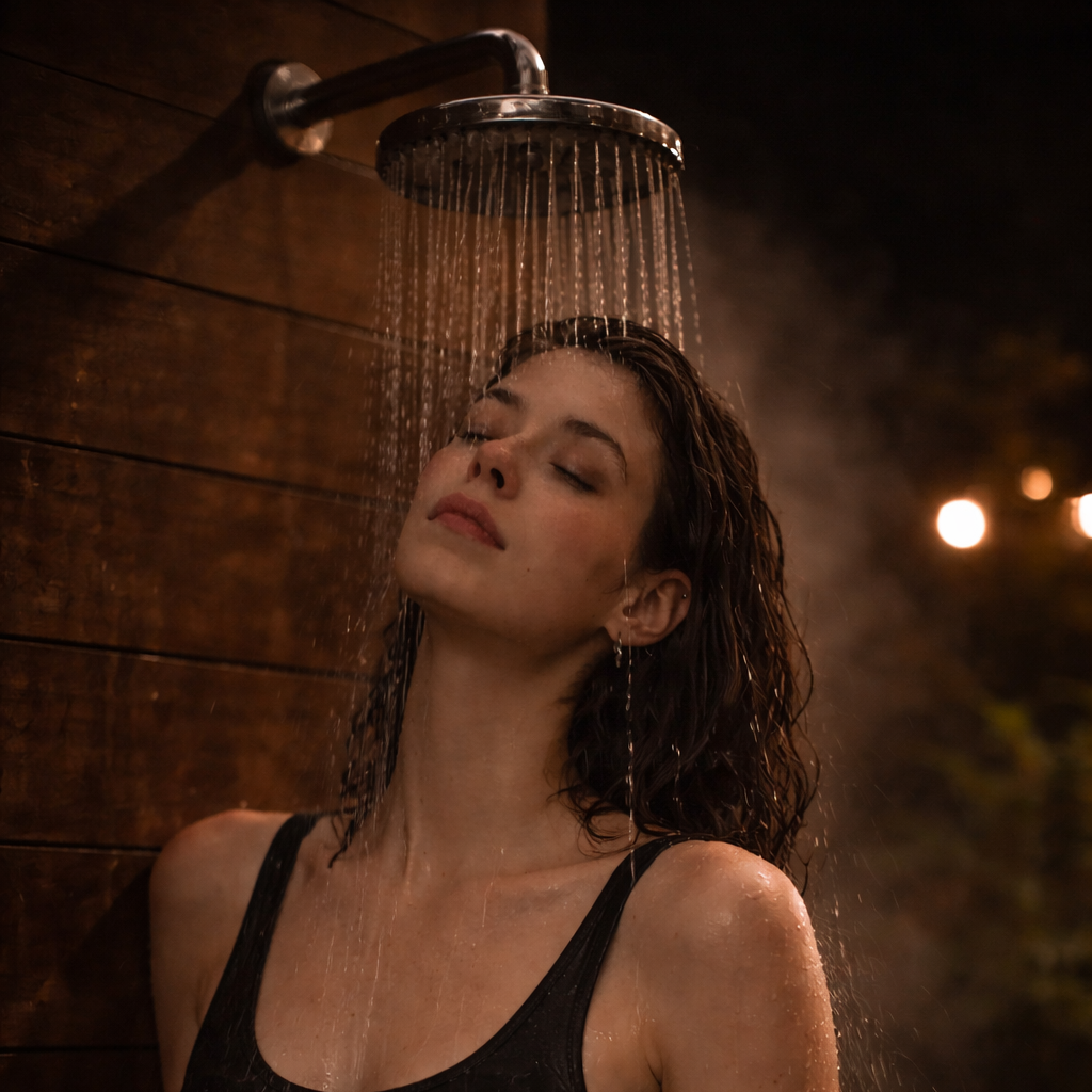 A woman with wet hair standing under an outdoor shower with water cascading over her face and shoulders, against a wooden wall background during nighttime.