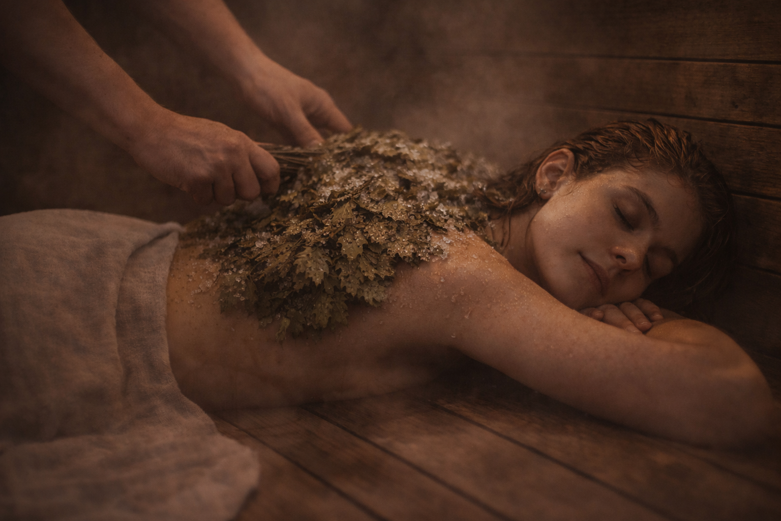 A woman lying face down on a wooden bench with her eyes closed, covered with leaves and sea salt, receiving a massage or treatment.