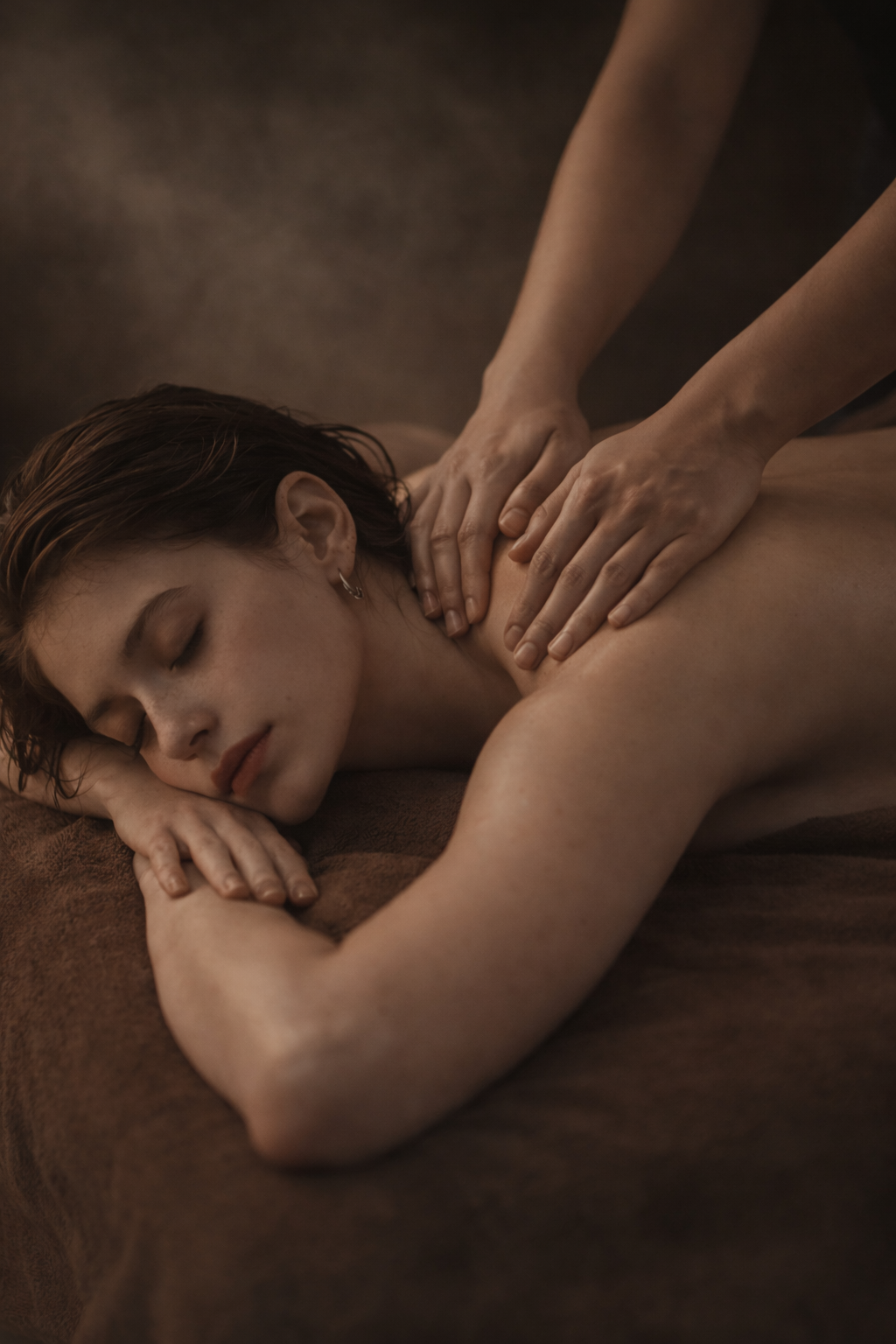 A woman lying on her side receiving a massage, with her eyes closed and her head resting on her arm.