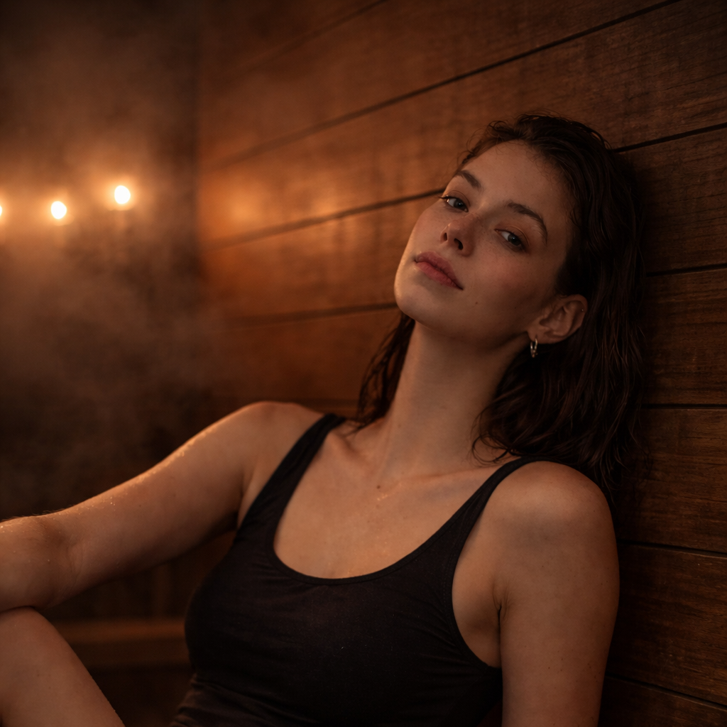 A young woman with short brown hair and hoop earrings leaning against a wooden wall in a sauna, gazing at the camera with a relaxed expression.