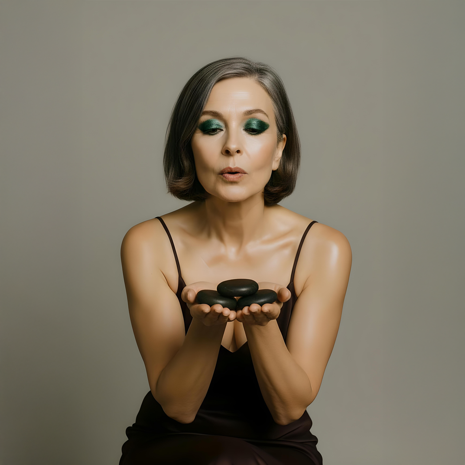 A woman with dark hair and green eye makeup holding black stones in her hands against a plain background