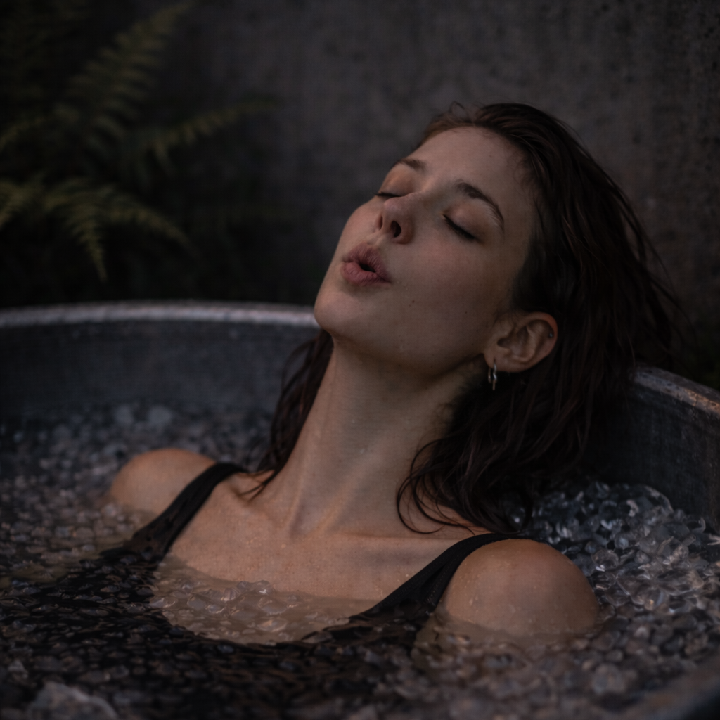 A woman with wet hair and earrings relaxing with her eyes closed in a outdoor cold plunge
