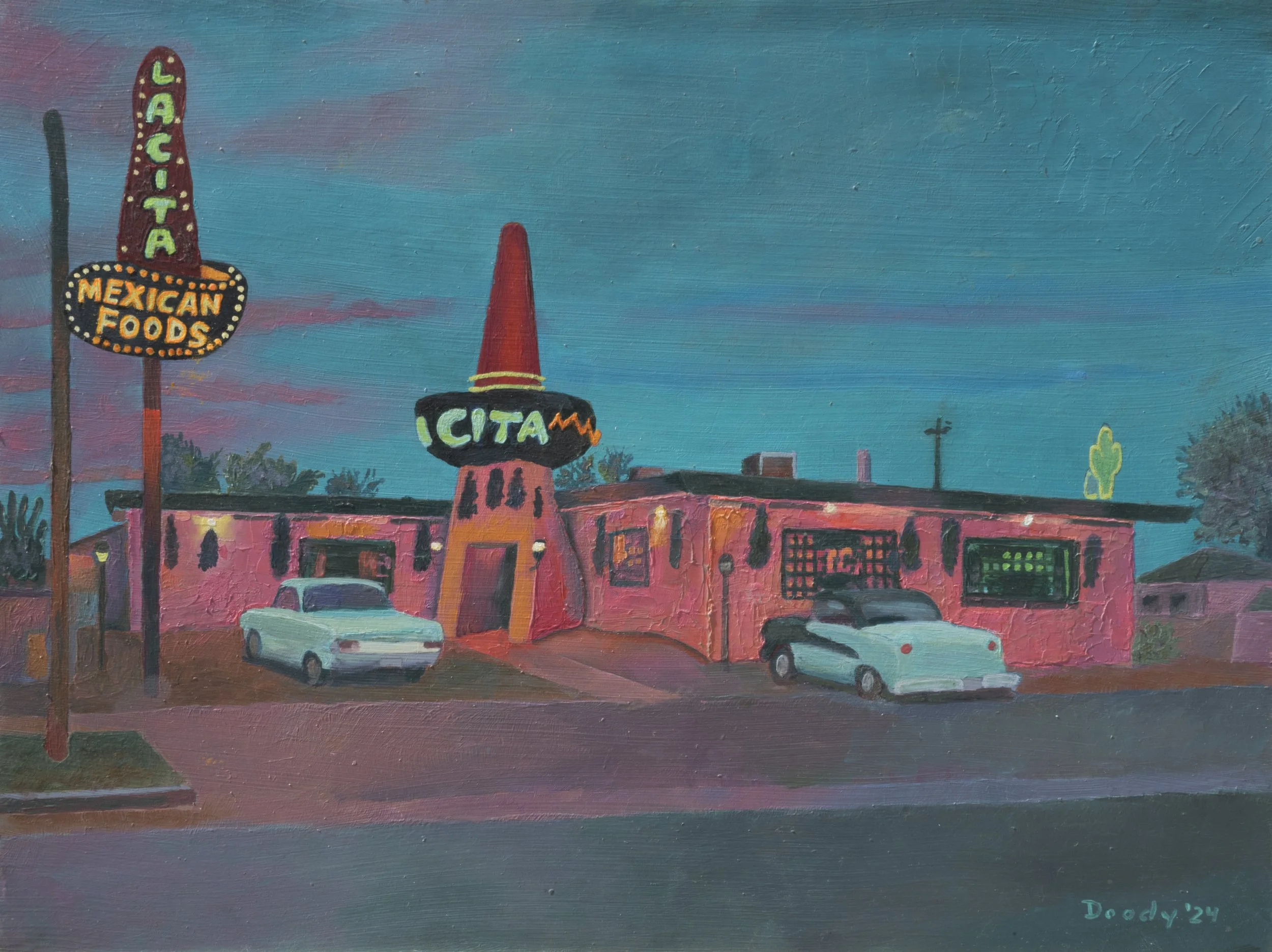 LA CITA MEXICAN RESTAURANT  12" X 16" Oil on masonite board. One of the most iconic landmarks along Route 66, The Mother Road. Located in Tucumcari, New Mexico, home to several other Route 66 landmark motels, roadside cafes and diners. 2024.