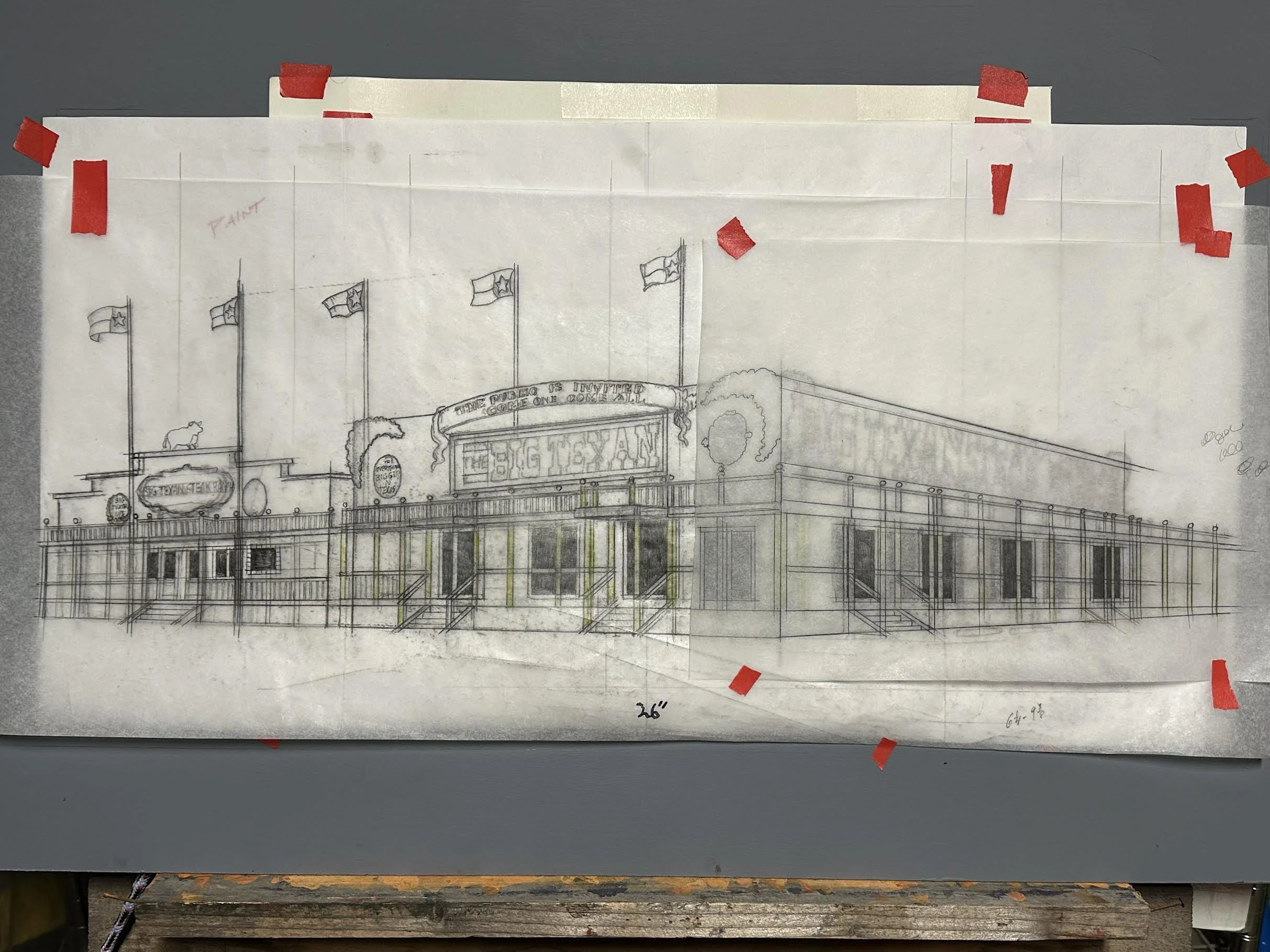 Advanced pencil sketch of the Big Texan Steak Ranch in Amarillo, Texas, right off the Mother Road, Route 66.