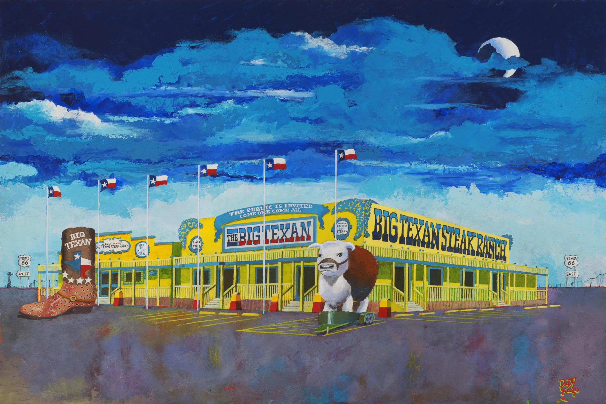 BIG TEXAN STEAK RANCH 24" X 36" Acrylic on canvas. Mosey on down to the Big Texan steak Ranch on Amarillo, Texas, home of the world-famous 72 OZ steak. If you can eat the steak, a baked potato, a salad, dinner role and your choice of tasty beverage, 