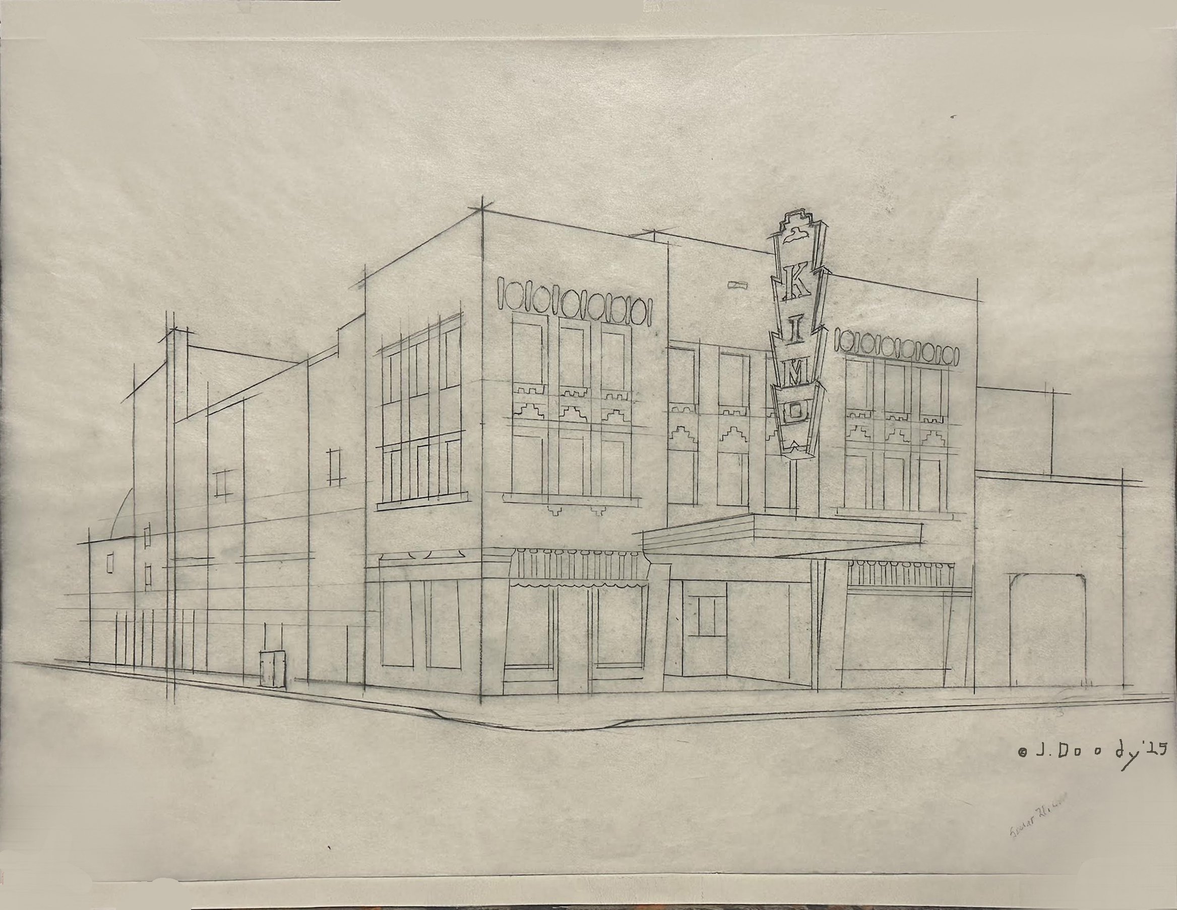 "KIMO THEATER" pencil sketch on artists tissue of the iconic Kimo Theater in Albuquerque, New Mexico on Central Avenue, A.K.A. Route 66 in the ABQ.