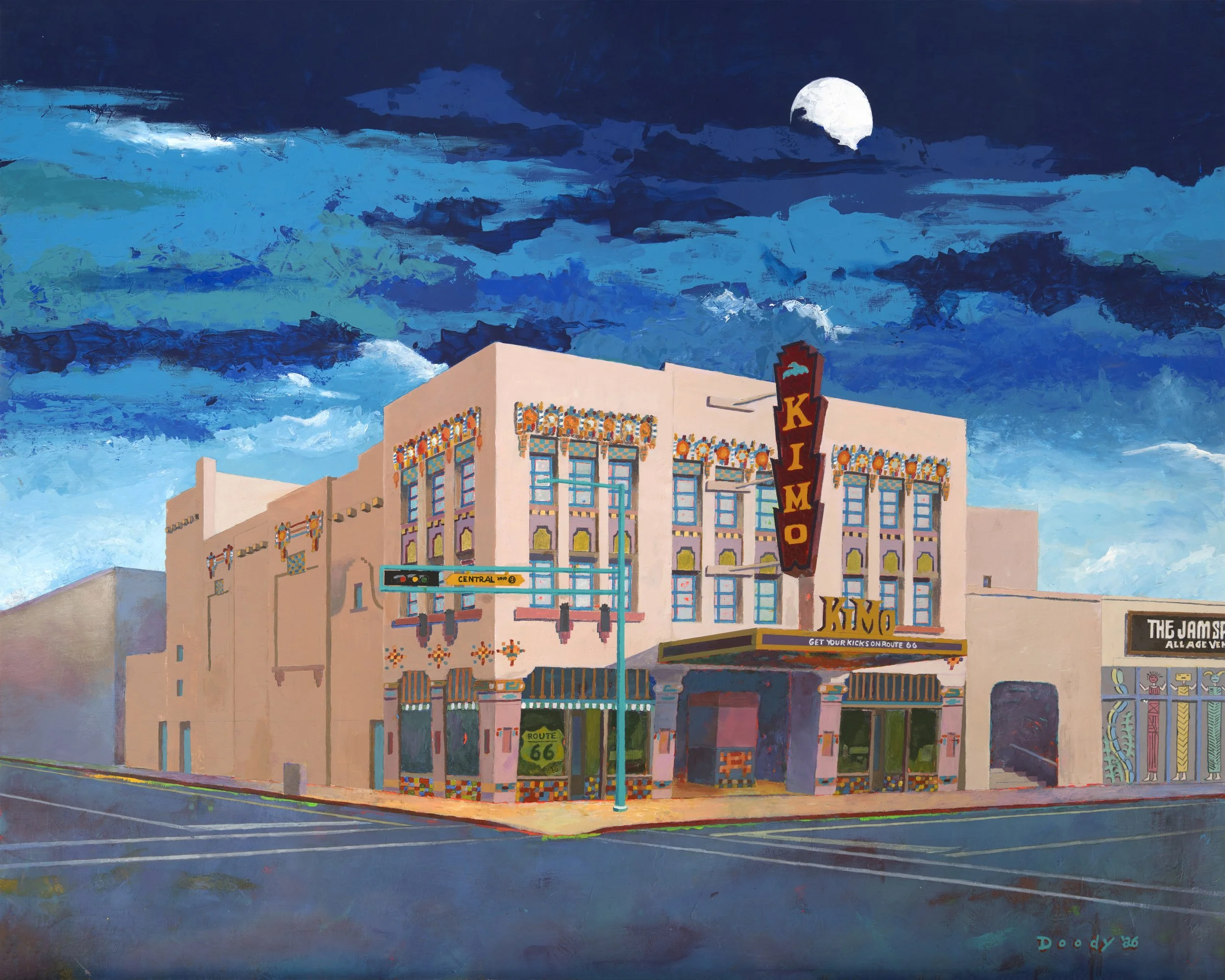 KIMO THEATER  24" X 30" Acrylic on masonite board. The iconic KIMO Theater, located in downtown Albuquerque, New Mexico on Central Avenue. Otherwise known as Route 66. The Mother Road. Built in 1927 in the Pueblo Deco style. Even in a state with more