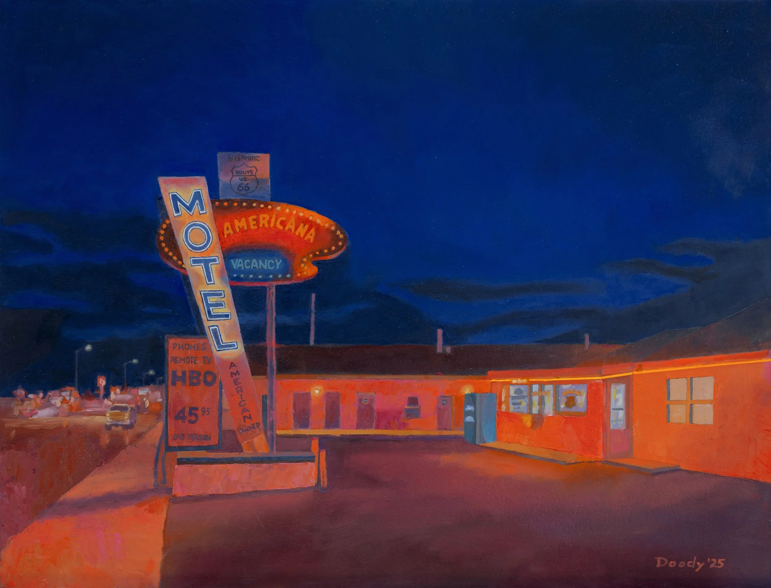 TUCUMCARI GLOW  18" X 24" Oil on masonite board. This original oil painting of the iconic Americana Motel is just one example of the neon treasures that illuminate Route 66 in Tucumcari, New Mexico.