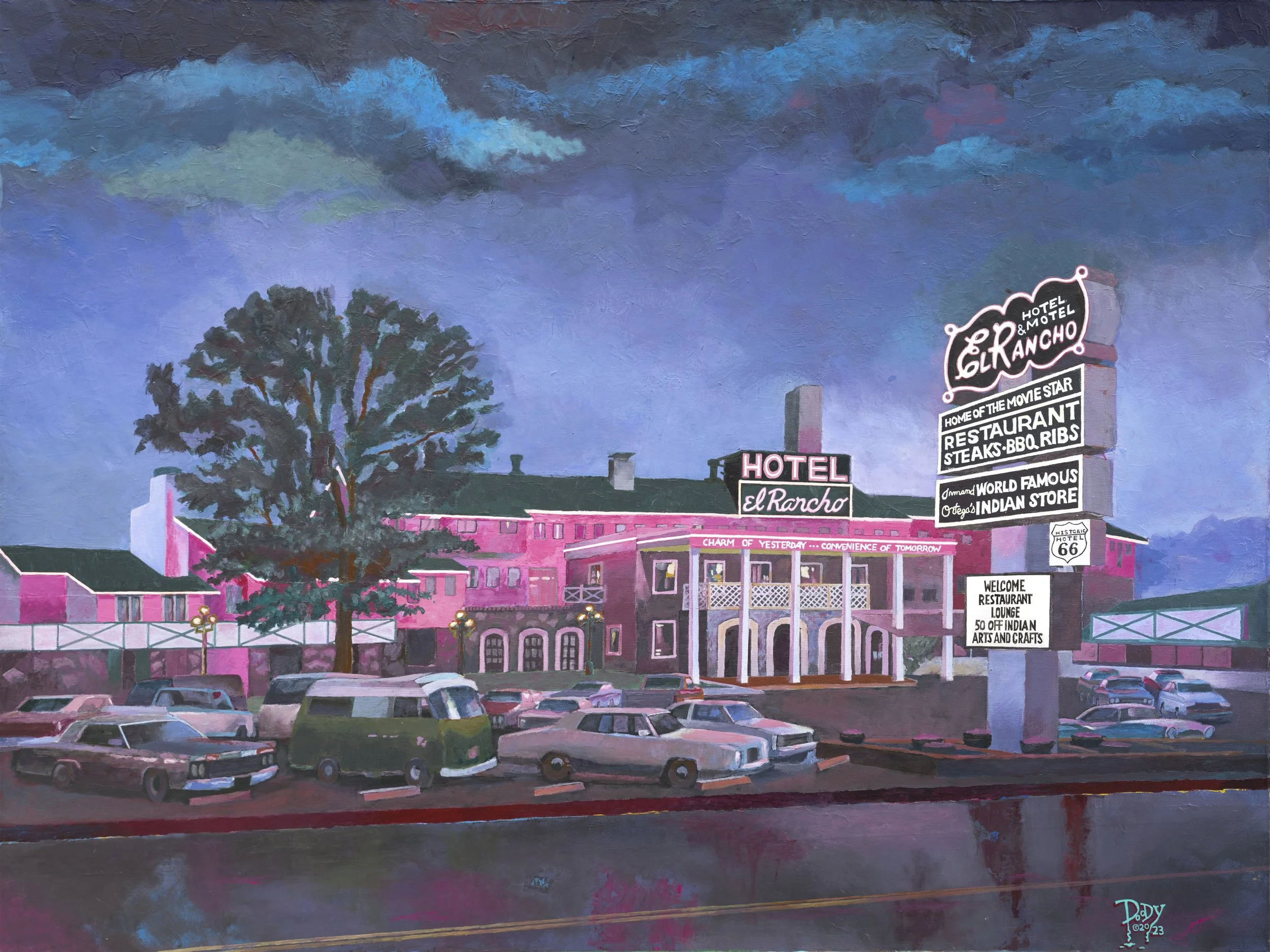 EL RANCHO MOTEL & HOTEL. 30" X 40" Acrylic on canvas. The legendary El Rancho Motel and Hotel is nicknamed "Home of the movie stars' because some of the biggest names in Hollywood stayed here when they were filming in New Mexico. Stars such as John W