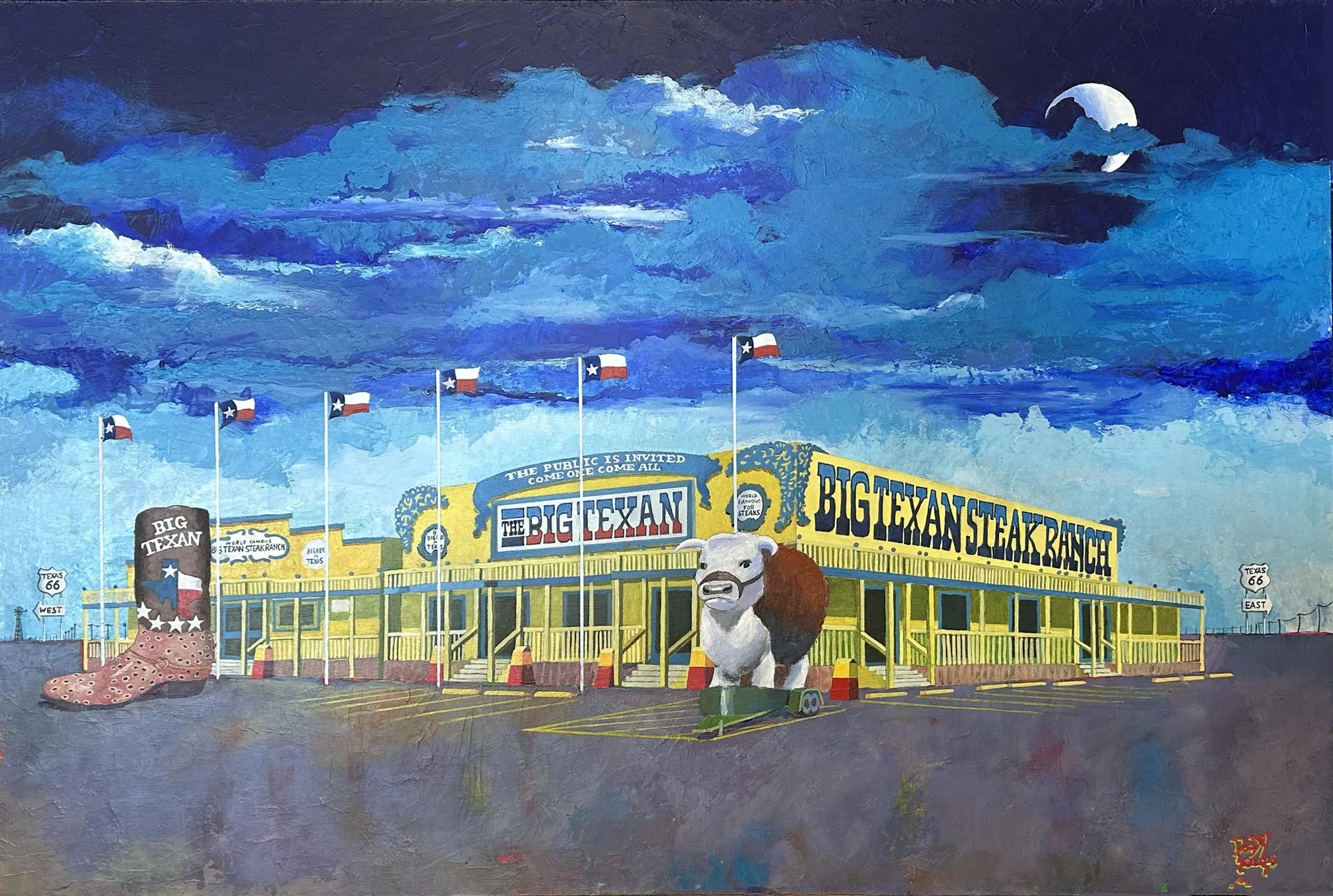 BIG TEXAN STEAK RANCH, AMARILLO, TX. 24" X 36". Acrylic on masonite board. GREAT HORNY TOADS! Another iconic Route 66 landmark, the Big Texan Steak Ranch is famous for the 72 OZ steak. If you can eat the steak, baked potato, salad, roll and a drink i