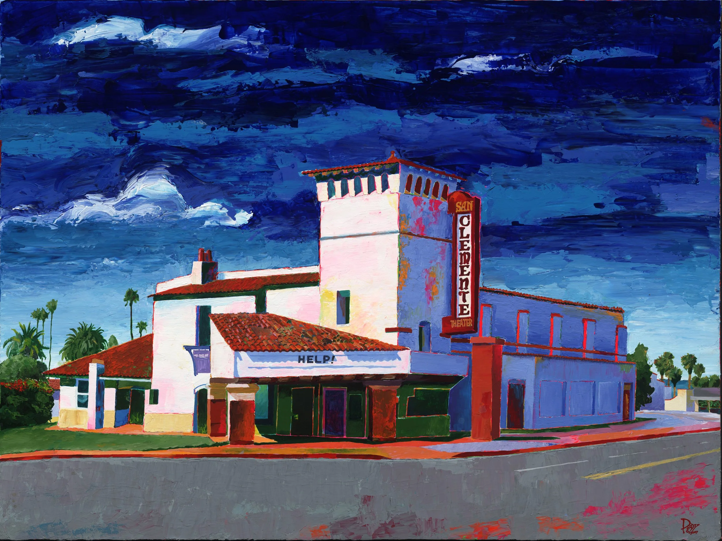 MIRA MAR THEATER, SAN CLEMENTE. 30" X 40" X 1" Acrylic on canvas. This historic landmark movie theater originally opened as the San Clemente Theater on May 12, 1938 in San Clemente, California. It was reopened as the Miramar Theater in 1969. The Mira
