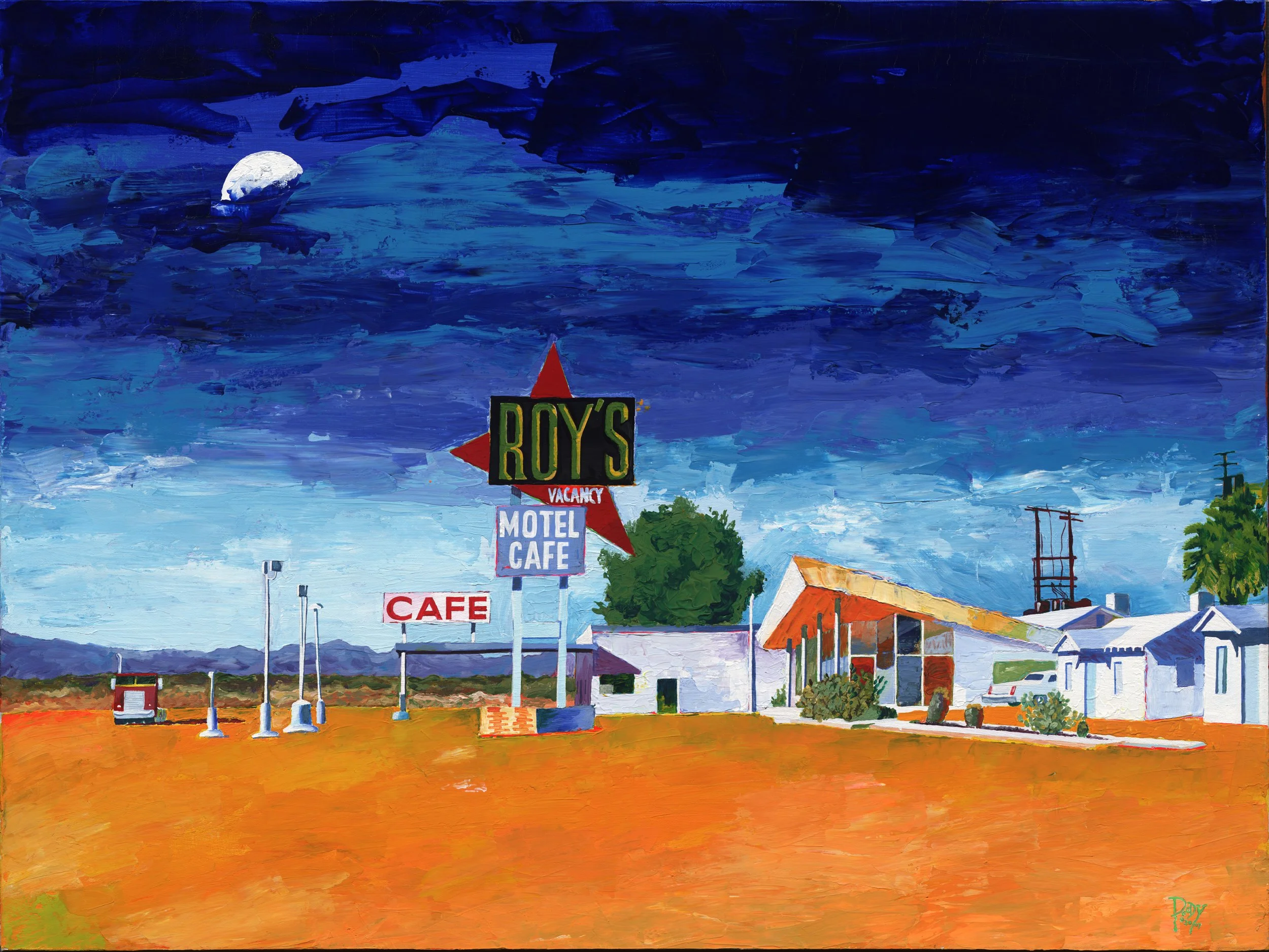 ROY'S MOTEL & CAFE IN AMBOY CALIFORNIA. 30 X 40 Acrylic on canvas. Located on Route 66 in the town of Amboy in California's Mojave Desert, Roy's is one of the most well-known and recognizable landmarks on Route 66. Check out  Roy's Cafe and pick up s