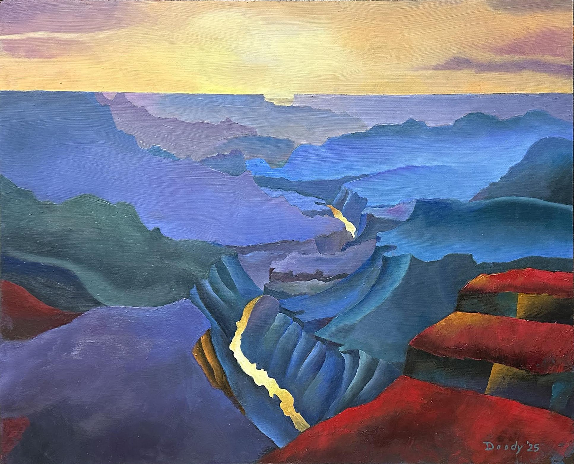 GRAND CANYON DAWN 16 X 20" Acrylic on masonite. Another northern Arizona morning finds the mighty Colorado river carving it's way through the Grand Canyon. After it nourishes the agricultural fields in southwestern Arizona and California's Imperial