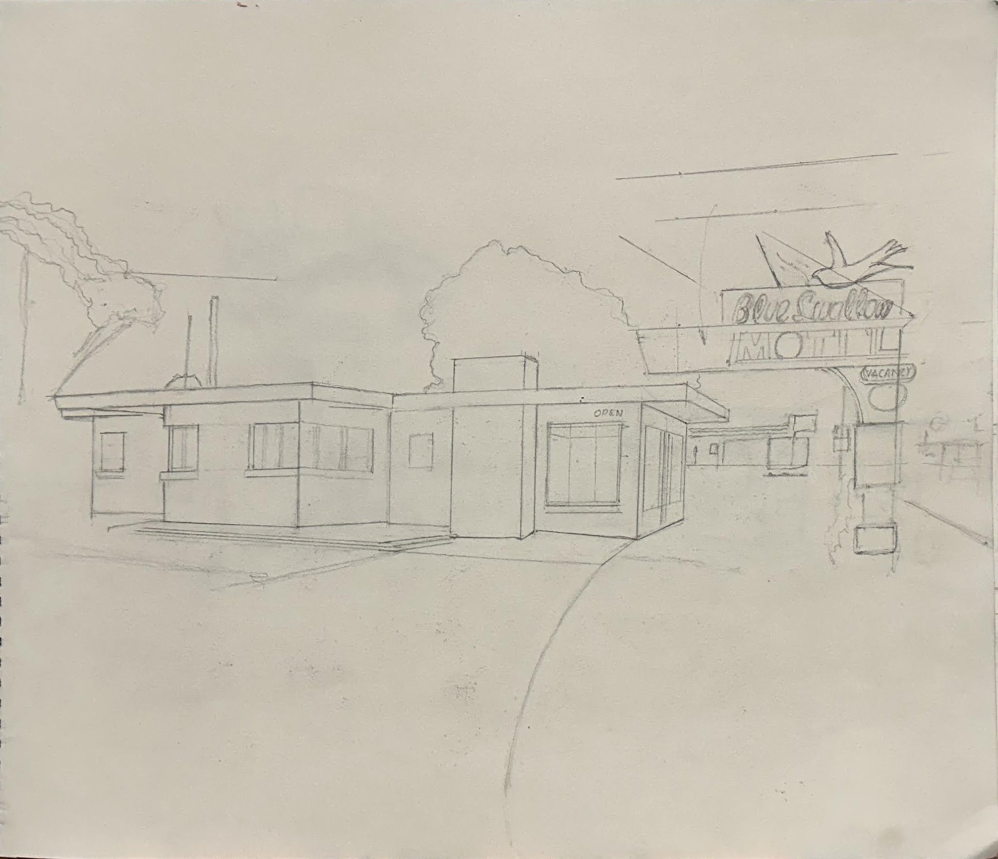 BLUE SWALLOW MOTEL, ROUTE 66, TUCUMCARI, NEW MEXICO. 14" X 17" #2 pencil on Strathmore.