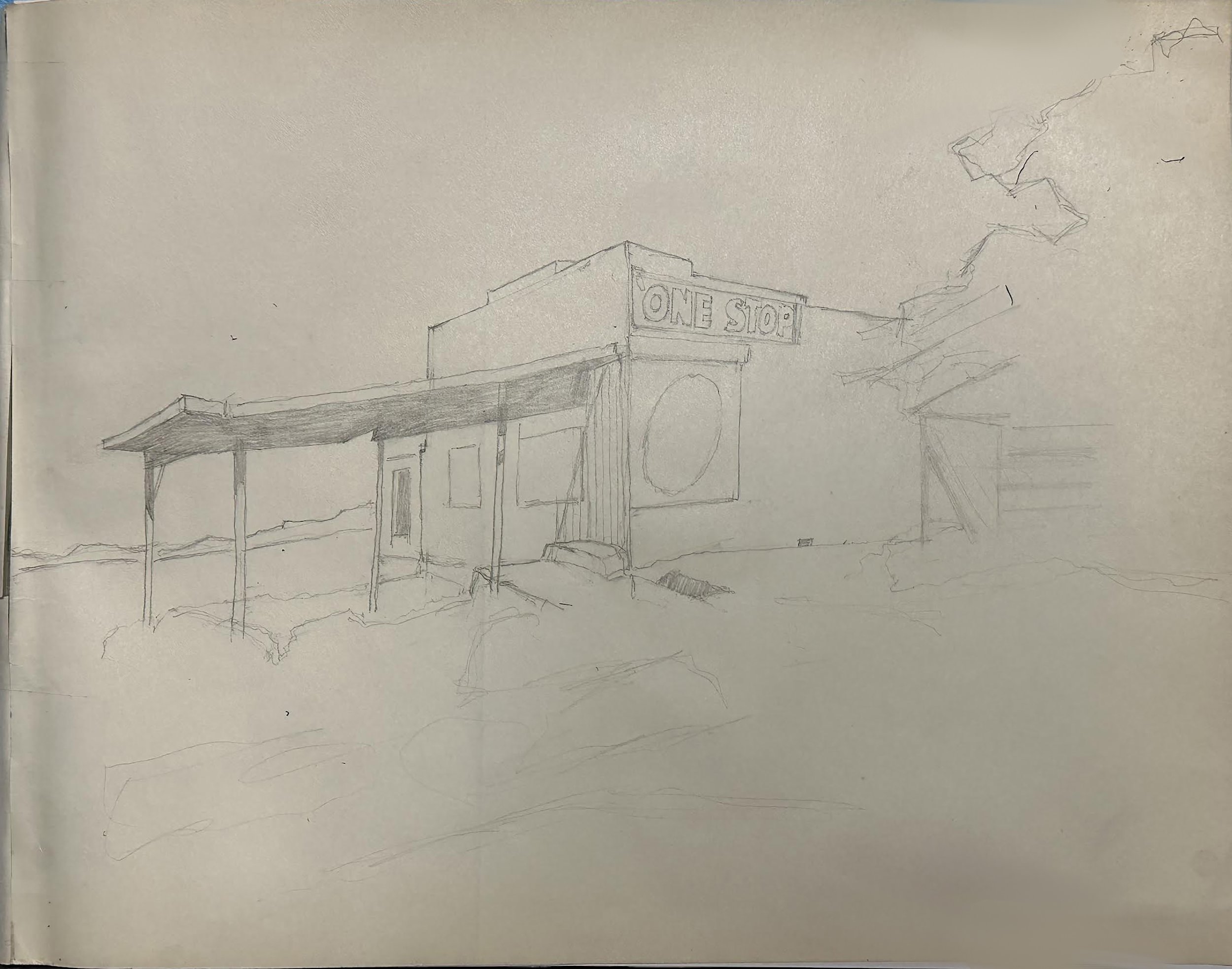 ONE STOP. ROUTE 66, NEW MEXICO. 11" X 14" #2 pencil on Strathmore.